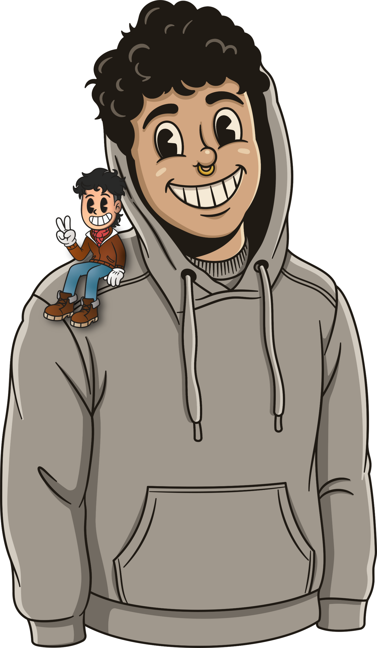 Jester Demi, digital solutions architect, cartoon portrait in a grey hoodie